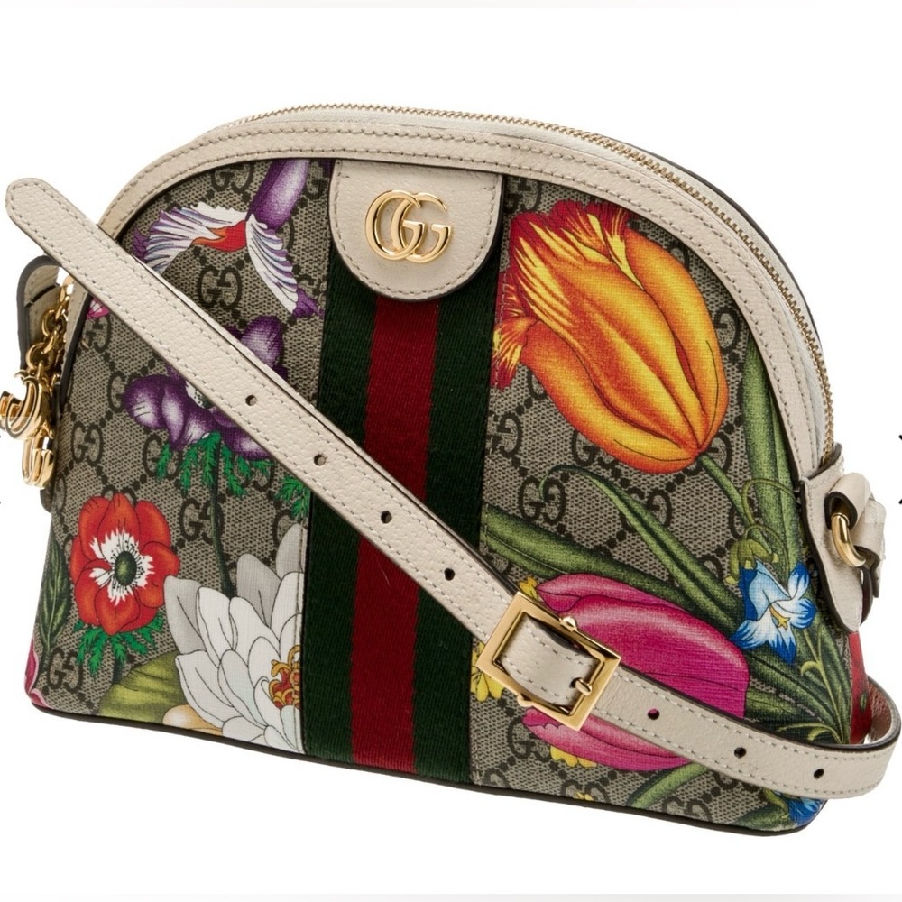 Authentic GUCCI Multicolor GG Supreme Canvas and Leather Ophidia Flora Dome Bag.